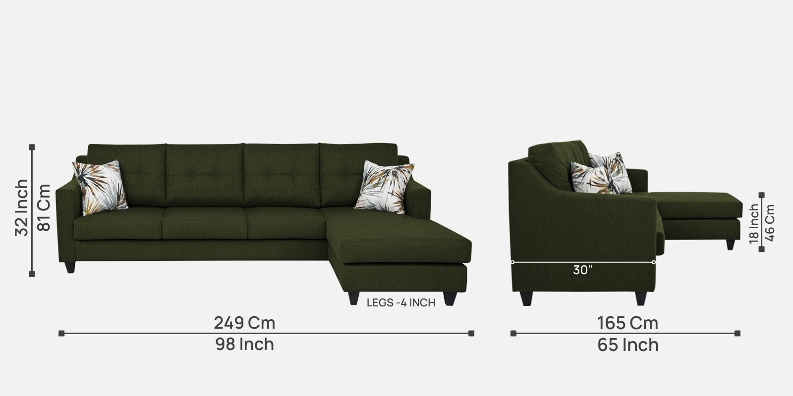 Welly Fabric LHS Sectional Sofa (3+Lounger) In Olive Green Colour - Febonic Living
