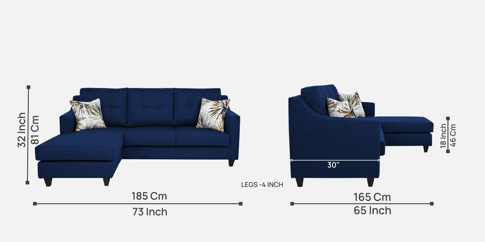 Welly Fabric RHS Sectional Sofa (2+Lounger) In Royal Blue Colour - Febonic Living
