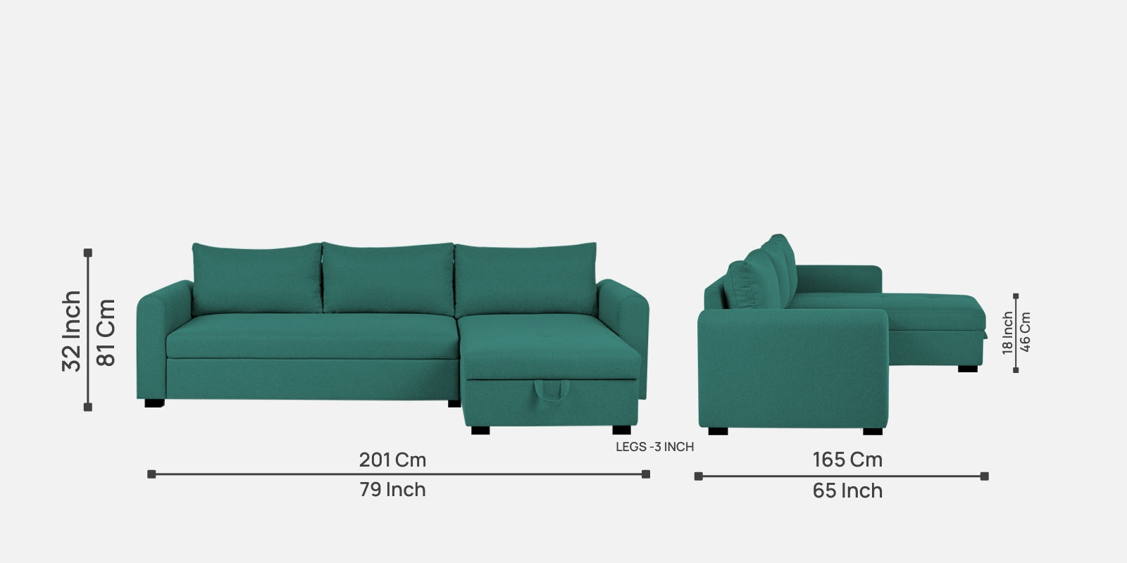 Sigma Fabric LHS Sectional Sofa (3+Lounger) In Sea Green Colour - Febonic Living