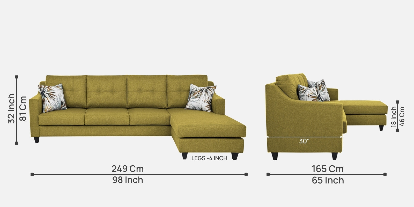 Welly Fabric LHS Sectional Sofa (3+Lounger) In Parrot Green Colour - Febonic Living