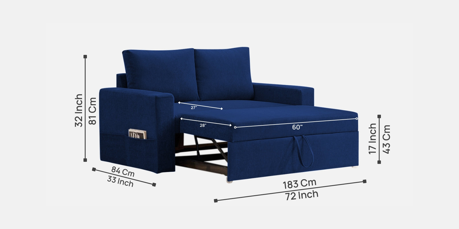 Kara Fabric 2 Seater Pull Out Sofa Cum Bed In Royal Blue Colour - Febonic Living