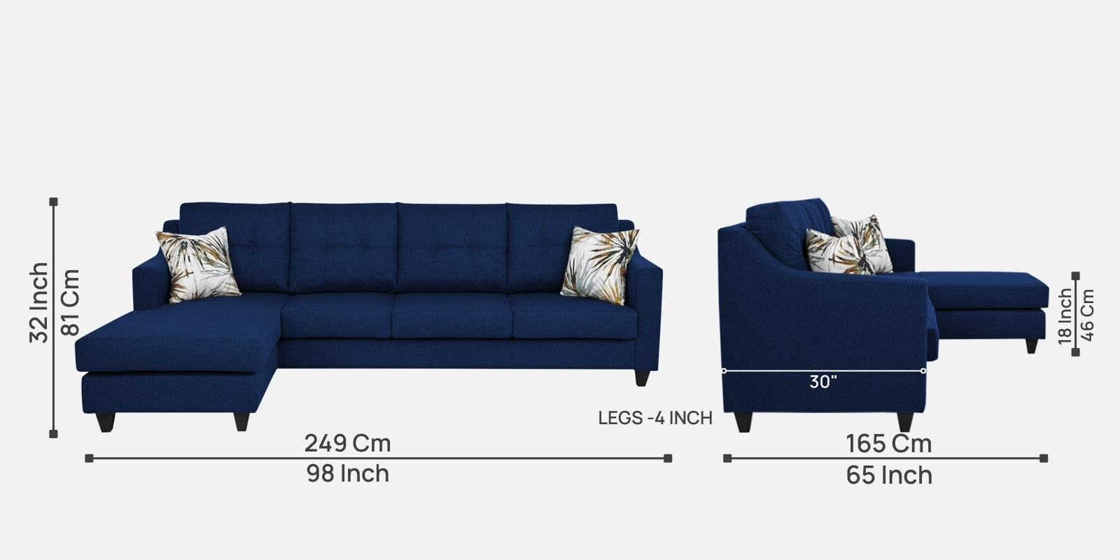 Welly Fabric RHS Sectional Sofa (3+Lounger) In Royal Blue Colour - Febonic Living