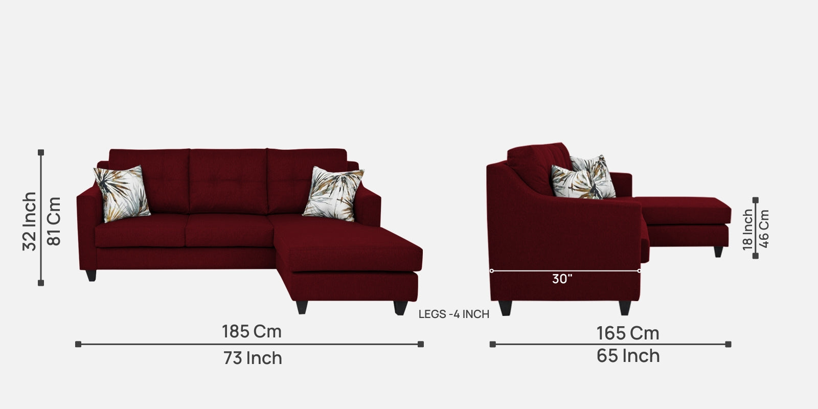 Welly Fabric LHS Sectional Sofa (2+Lounger) In Ruby Red Colour - Febonic Living