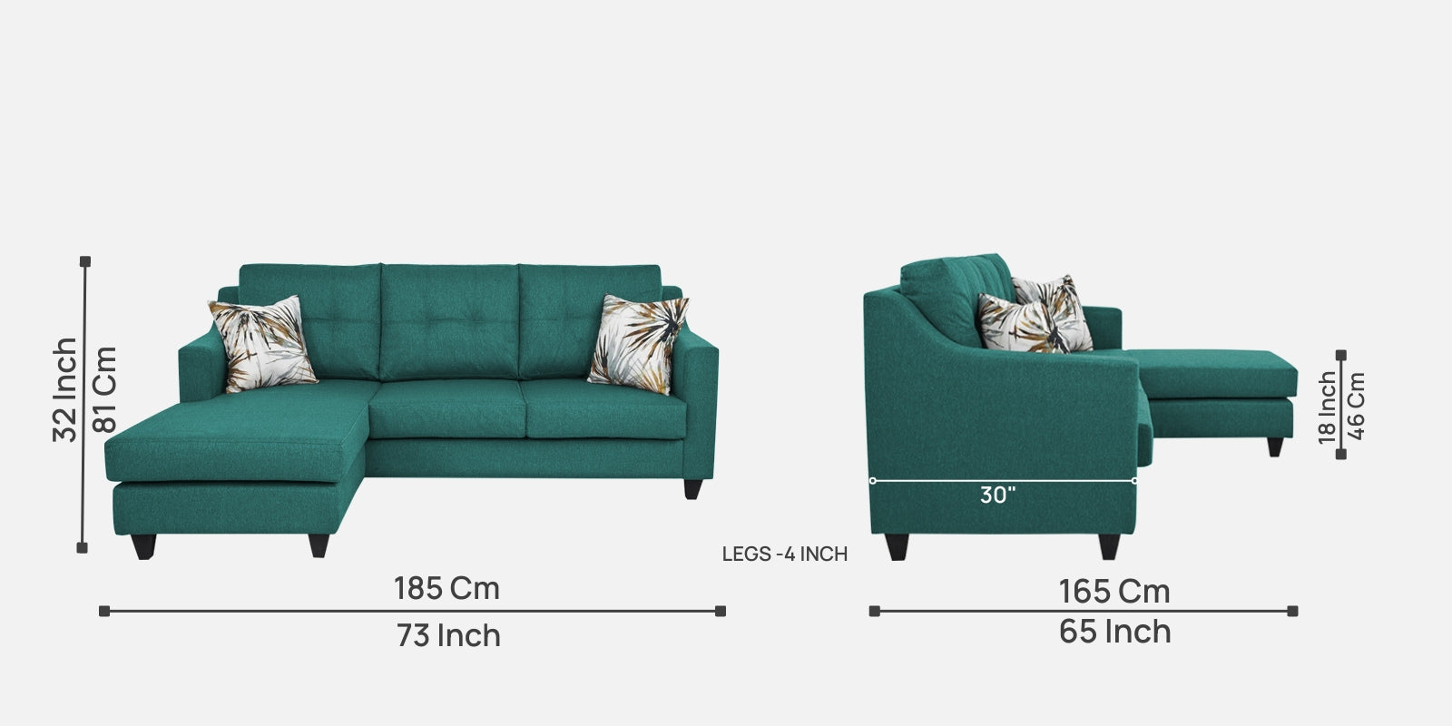 Welly Fabric RHS Sectional Sofa (2+Lounger) In Sea Green Colour - Febonic Living