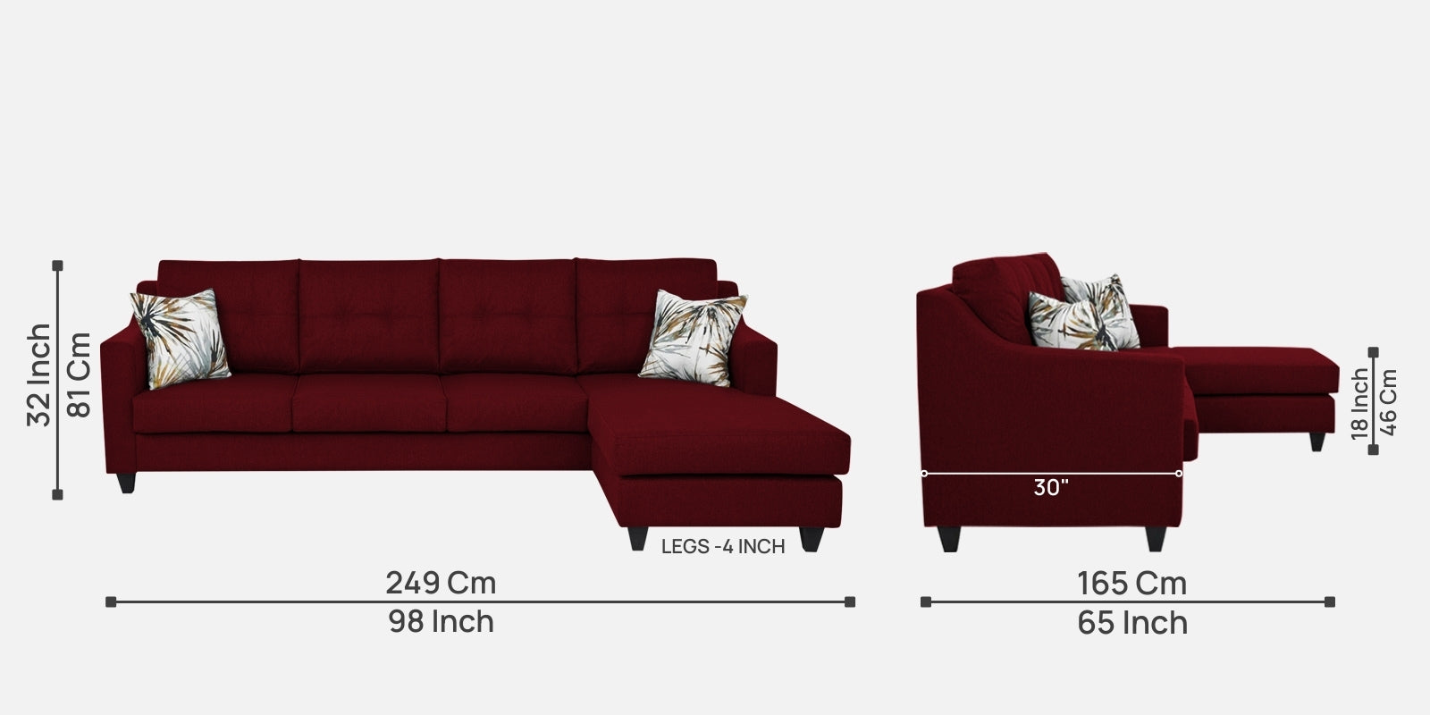 Welly Fabric LHS Sectional Sofa (3+Lounger) In Ruby Red Colour - Febonic Living