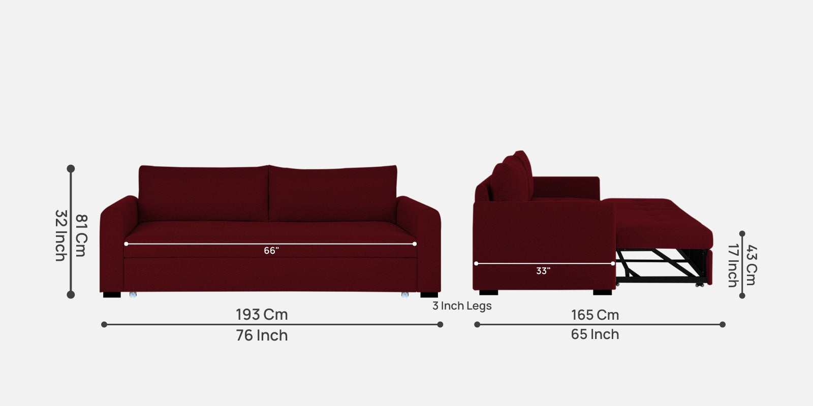 Sigma Fabric 3 Seater Pull Out Sofa Cum Bed In Ruby Red Colour - Febonic Living
