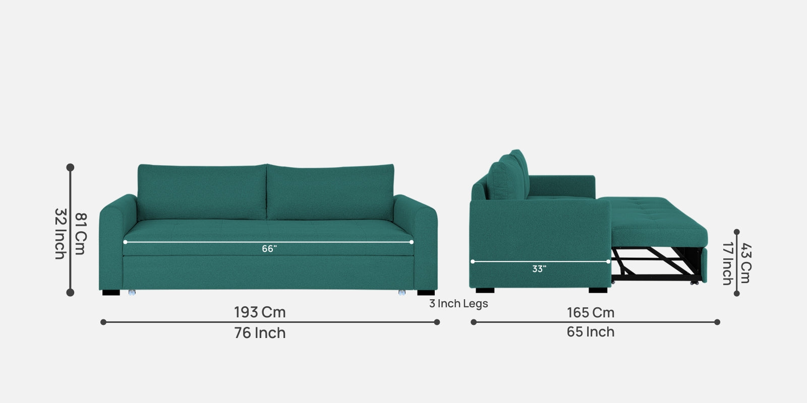 Sigma Fabric 3 Seater Pull Out Sofa Cum Bed In Sea Green Colour - Febonic Living