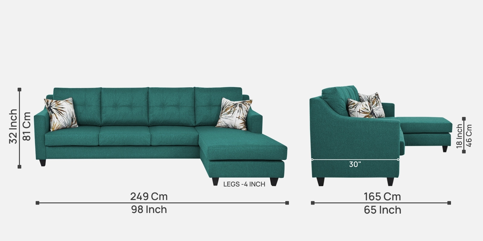 Welly Fabric LHS Sectional Sofa (3+Lounger) In Sea Green Colour - Febonic Living