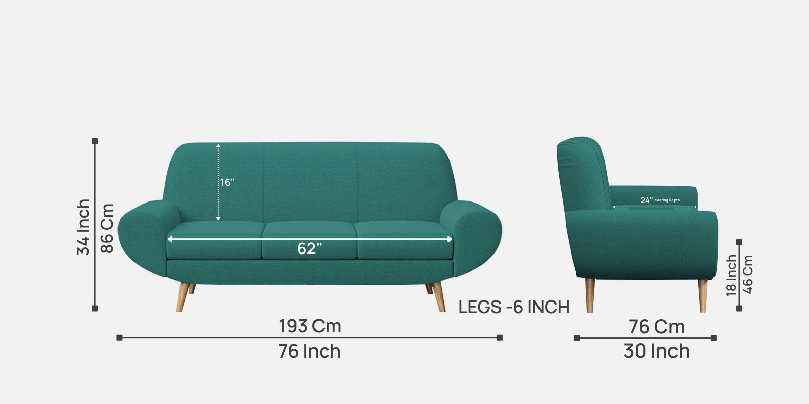 Jessy Fabric 3 Seater Sofa In Sea Green Colour - Febonic Living