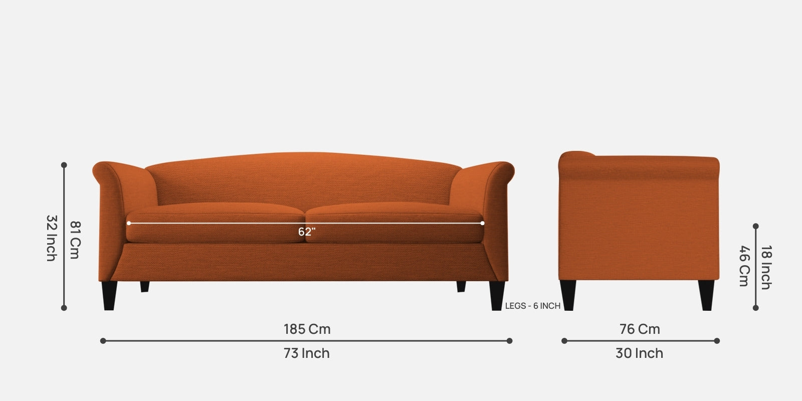 Kimber Fabric 3 Seater Sofa In Vivid Orange Colour - Febonic Living