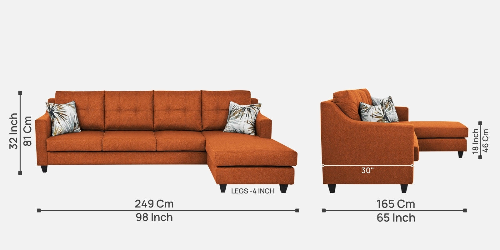 Welly Fabric LHS Sectional Sofa (3+Lounger) In Vivid Orange Colour - Febonic Living
