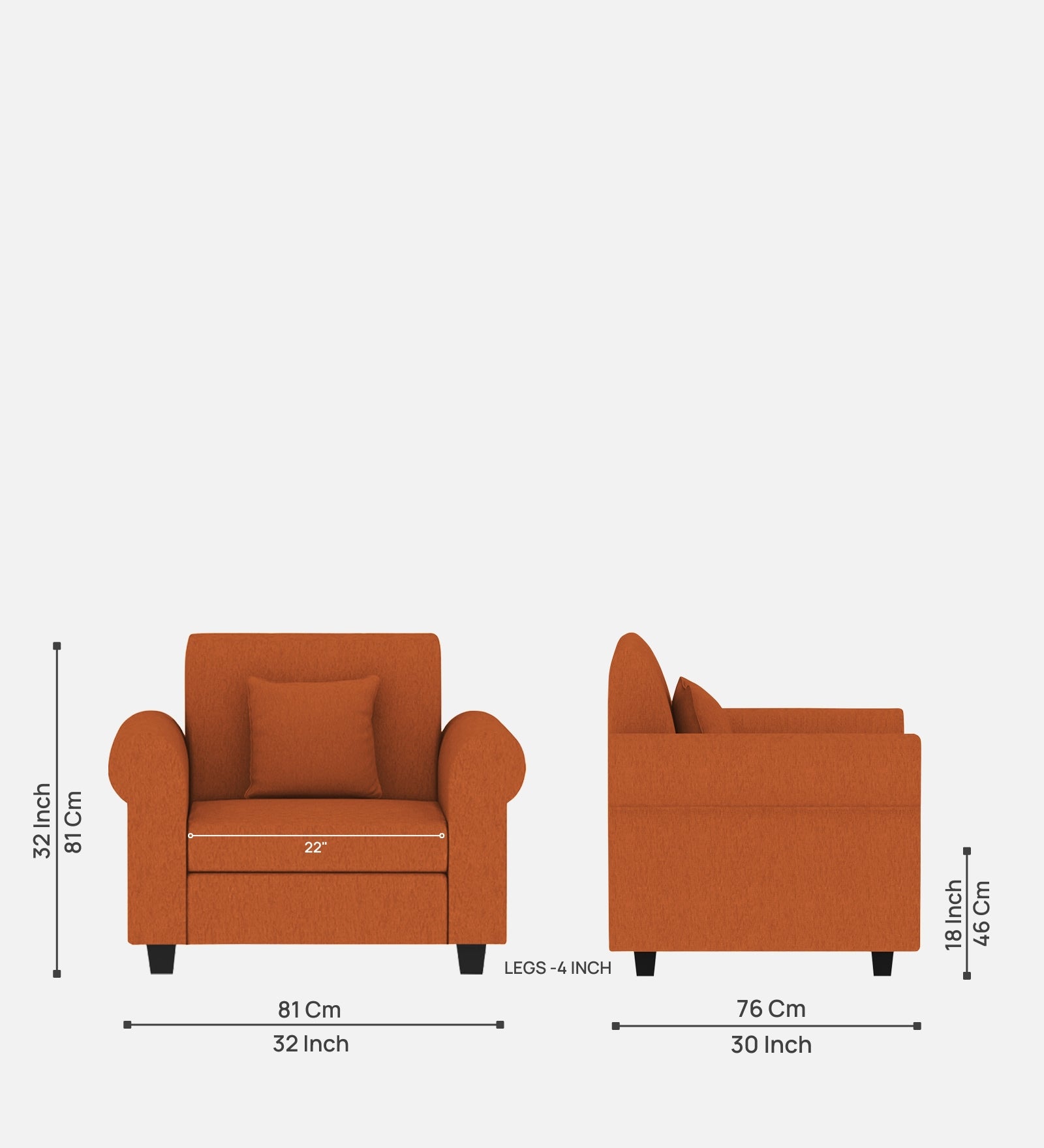 Derado Fabric 1 Seater Sofa In Vivid Orange Colour - Febonic Living