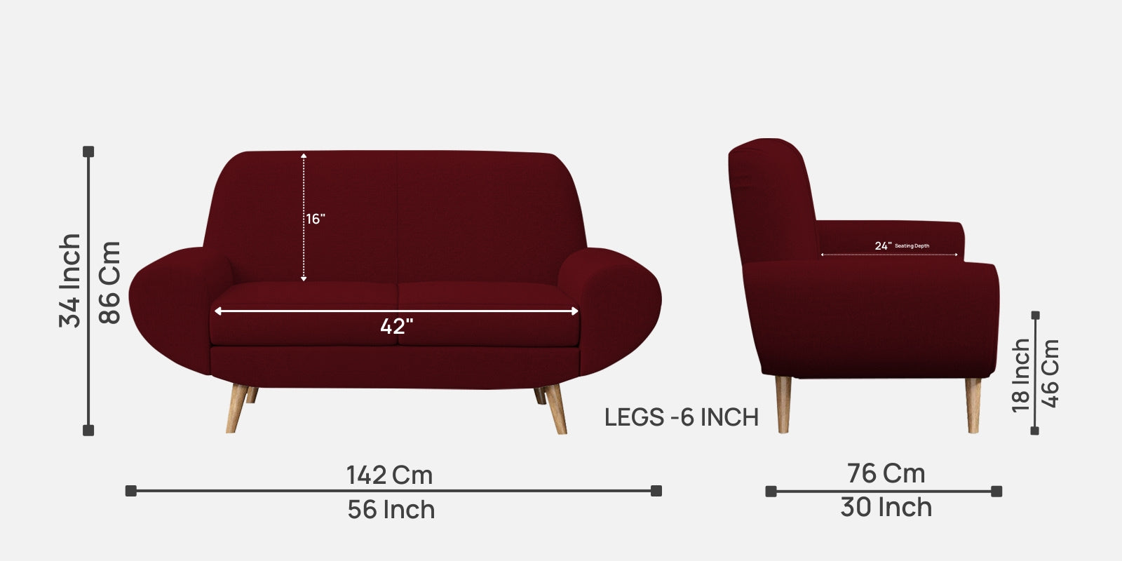 Jessy Fabric 2 Seater Sofa In Ruby Red Colour - Febonic Living