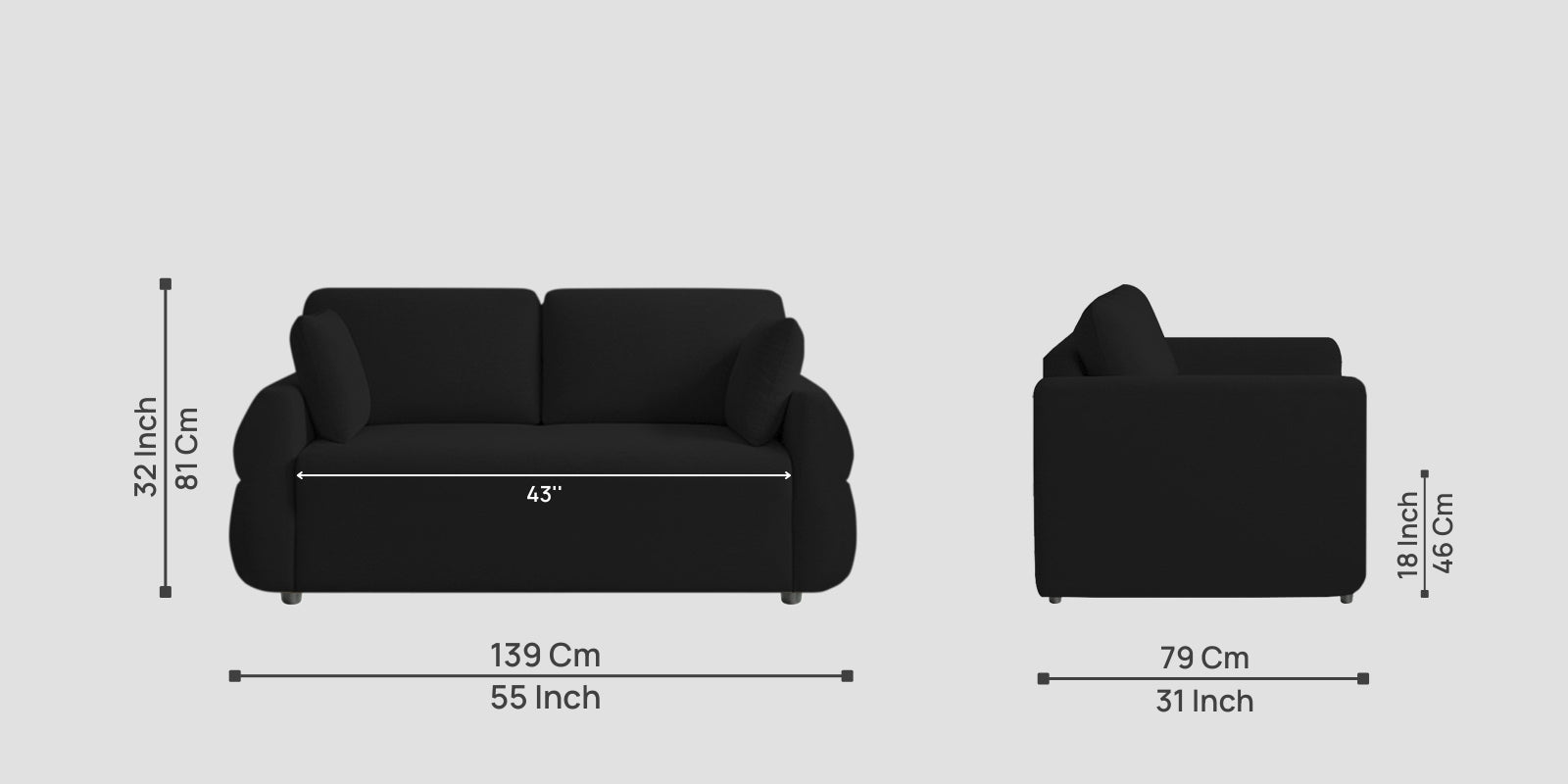 Jack Fabric 2 Seater Sofa In Zed Black Colour - Febonic Living