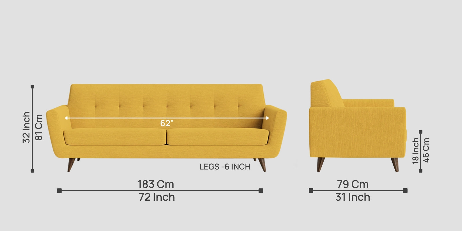 Jasmin Fabric 3 Seater Sofa In Bold Yellow Colour - Febonic Living