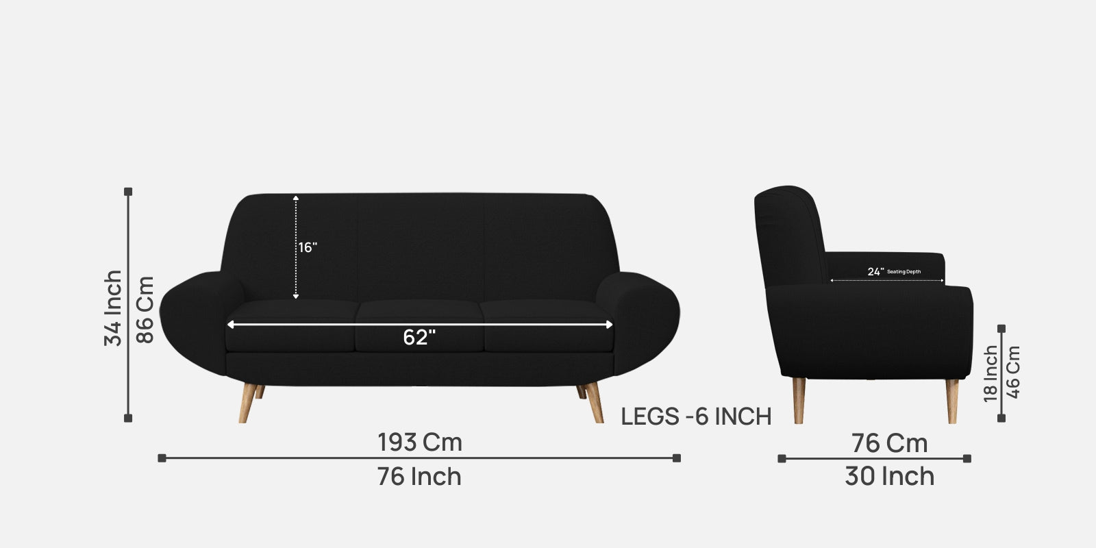 Jessy Fabric 3 Seater Sofa In Zed Black Colour - Febonic Living