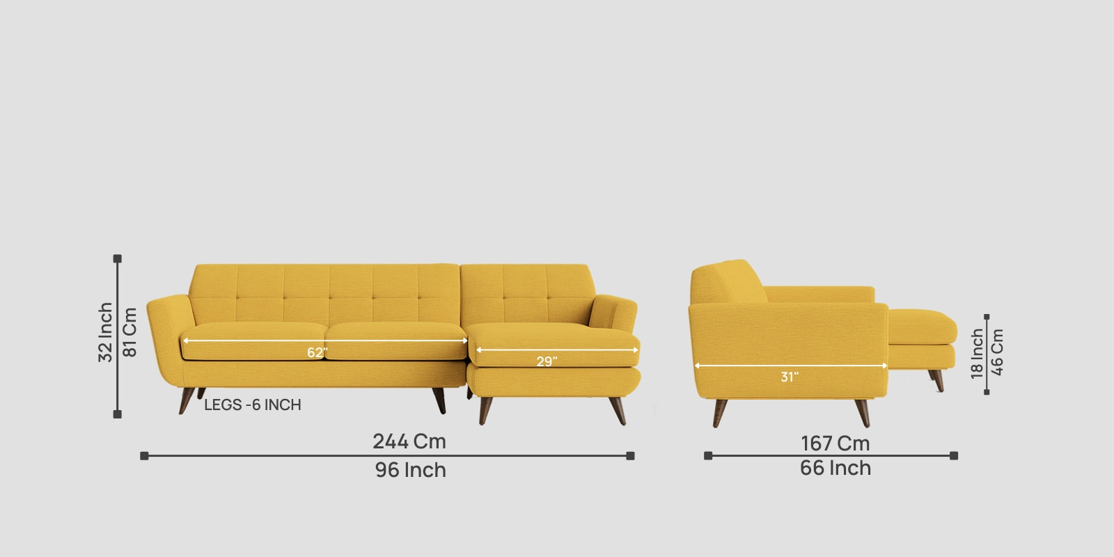 Jasmin Fabric LHS Sectional Sofa (3+ Lounger) In (3+ Lounger) Bold Yellow Colour - Febonic Living