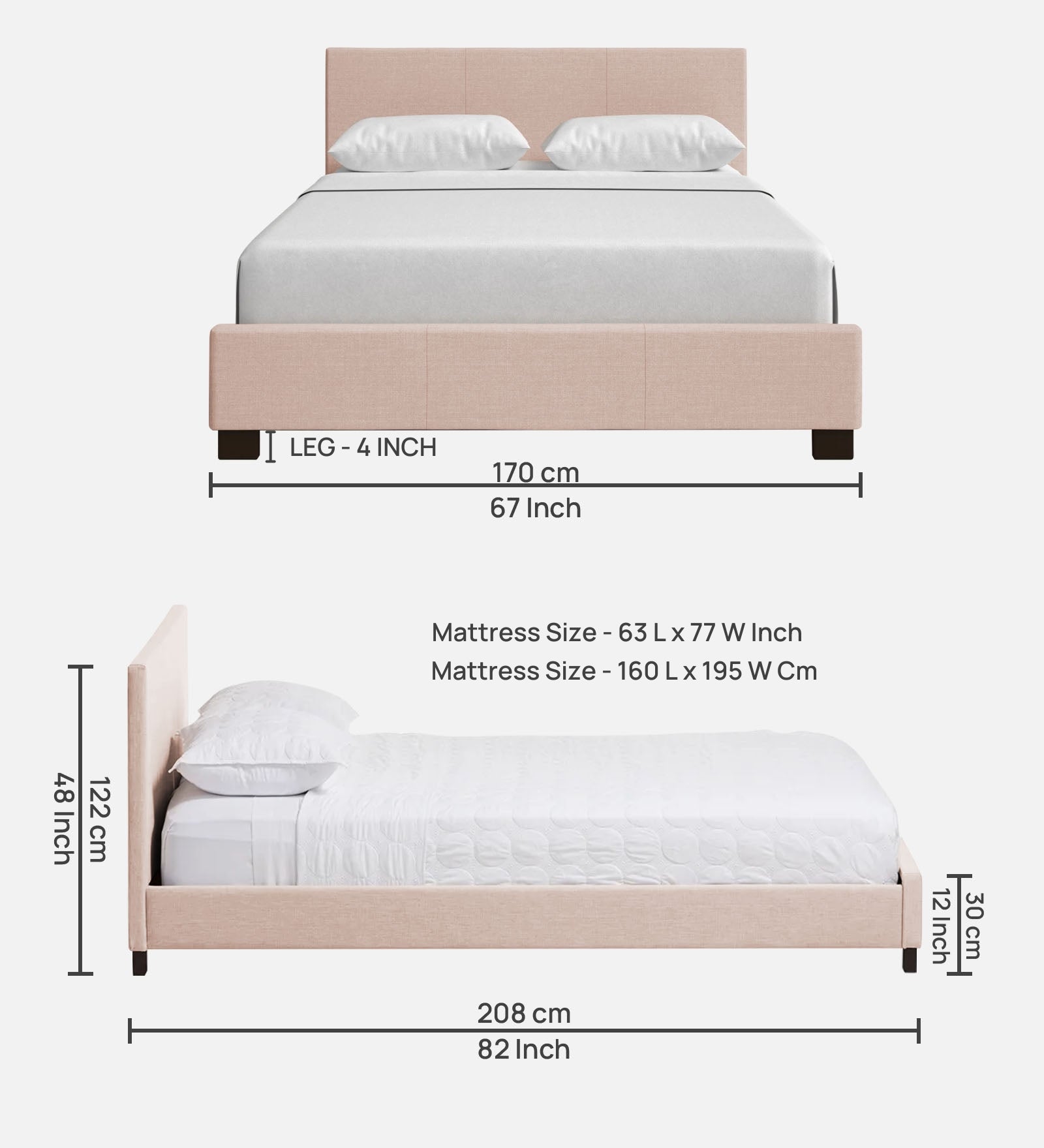 Lora Fabric Queen Size Bed in Woom Beige Colour - Febonic Living