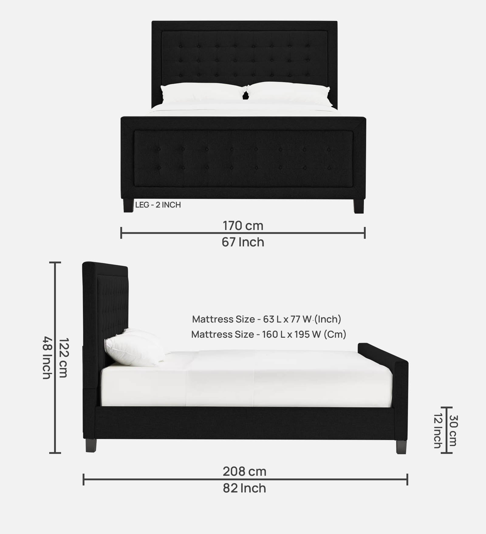 Kaster Fabric Queen Size Bed In Zed Black Colour - Febonic Living