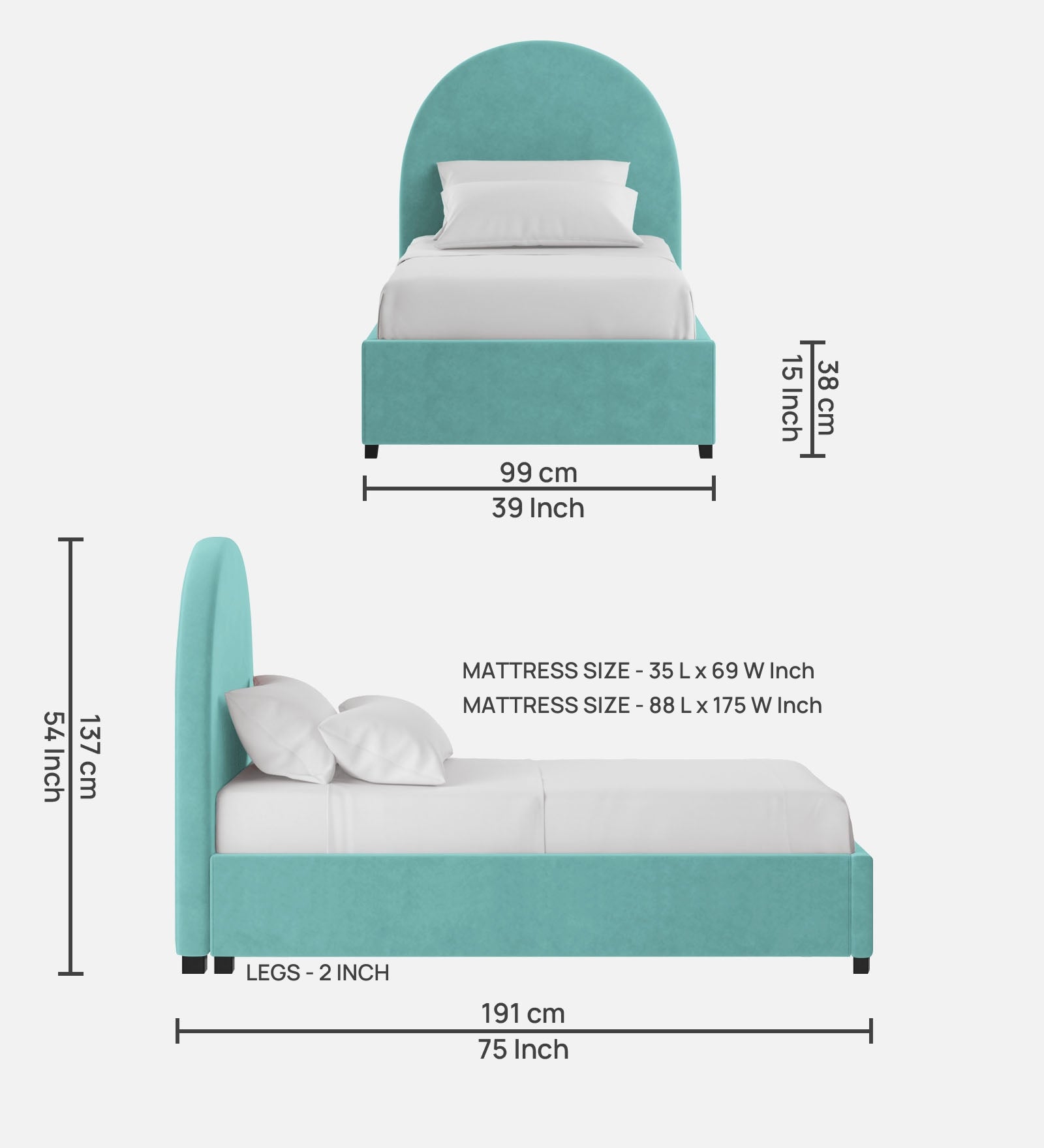 Maro Velvet Single Size Bed In Barmunda Aqua Colour - Febonic Living