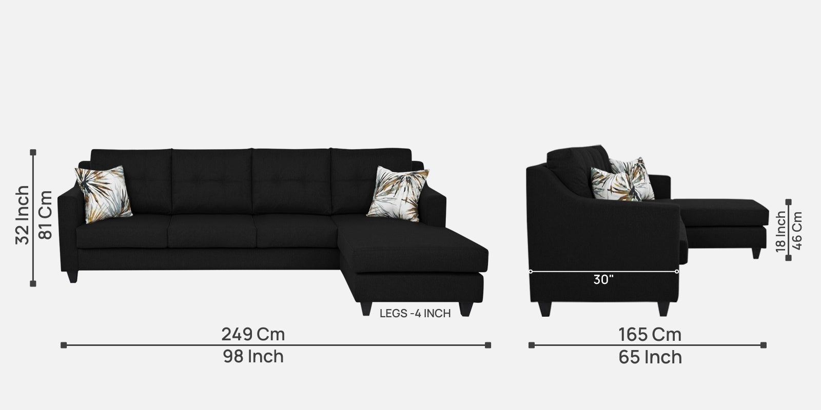 Welly Fabric LHS Sectional Sofa (3+Lounger) In Zed Black Colour - Febonic Living