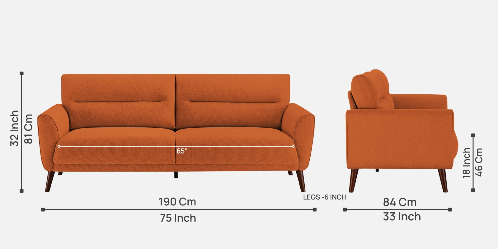 Castro Fabric 3 Seater Sofa In Vivid Orange Colour - Febonic Living