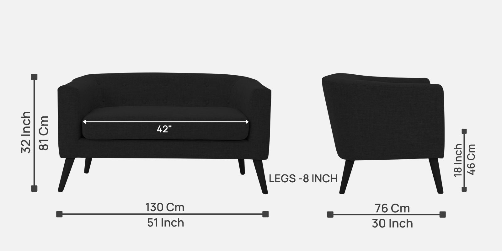 Casper Fabric 2 Seater Sofa In Zed Black Colour - Febonic Living