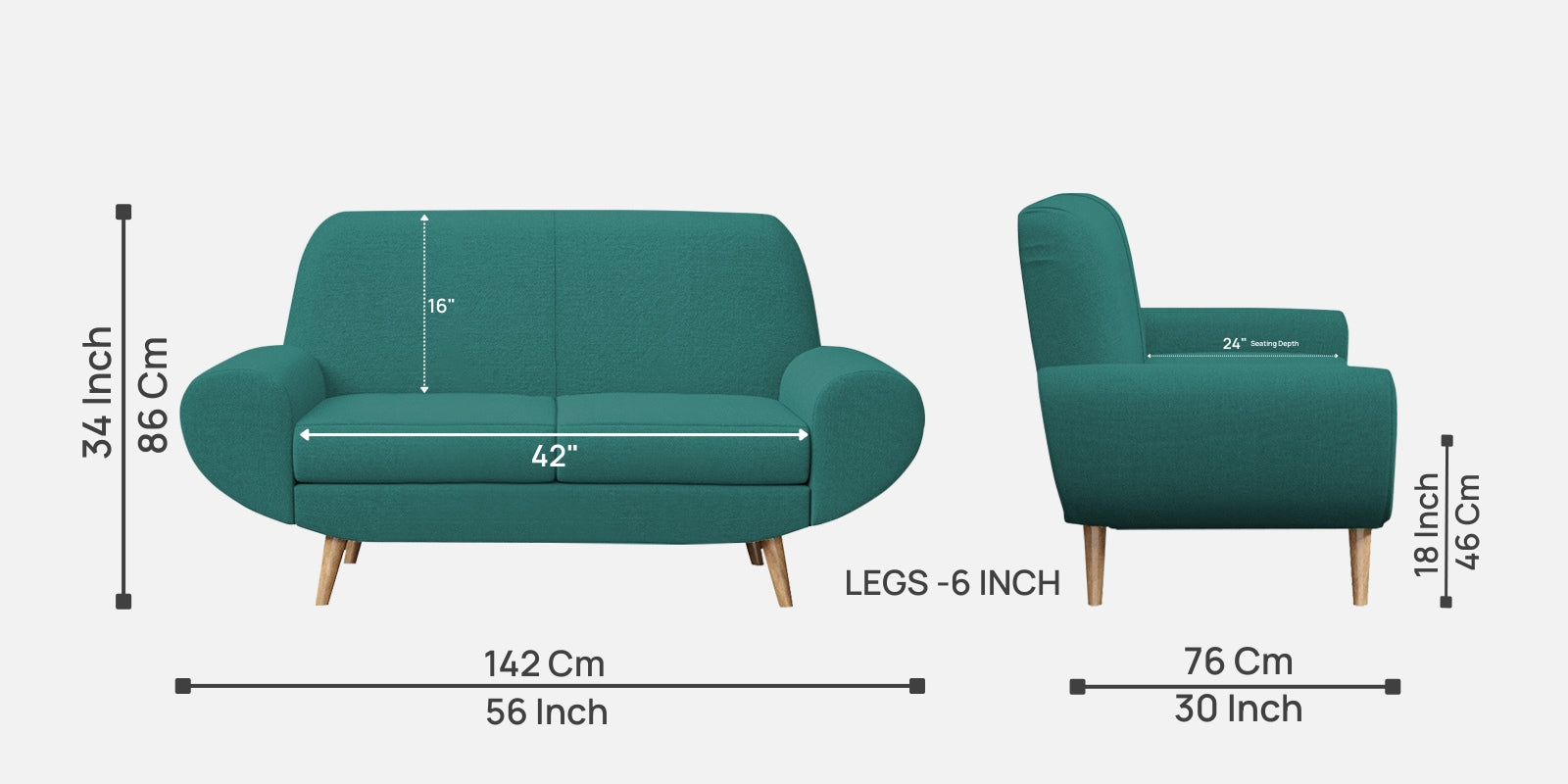 Jessy Fabric 2 Seater Sofa In Sea Green Colour - Febonic Living