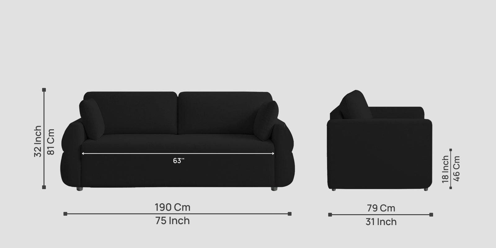 Jack Fabric 3 Seater Sofa In Zed Black Colour - Febonic Living