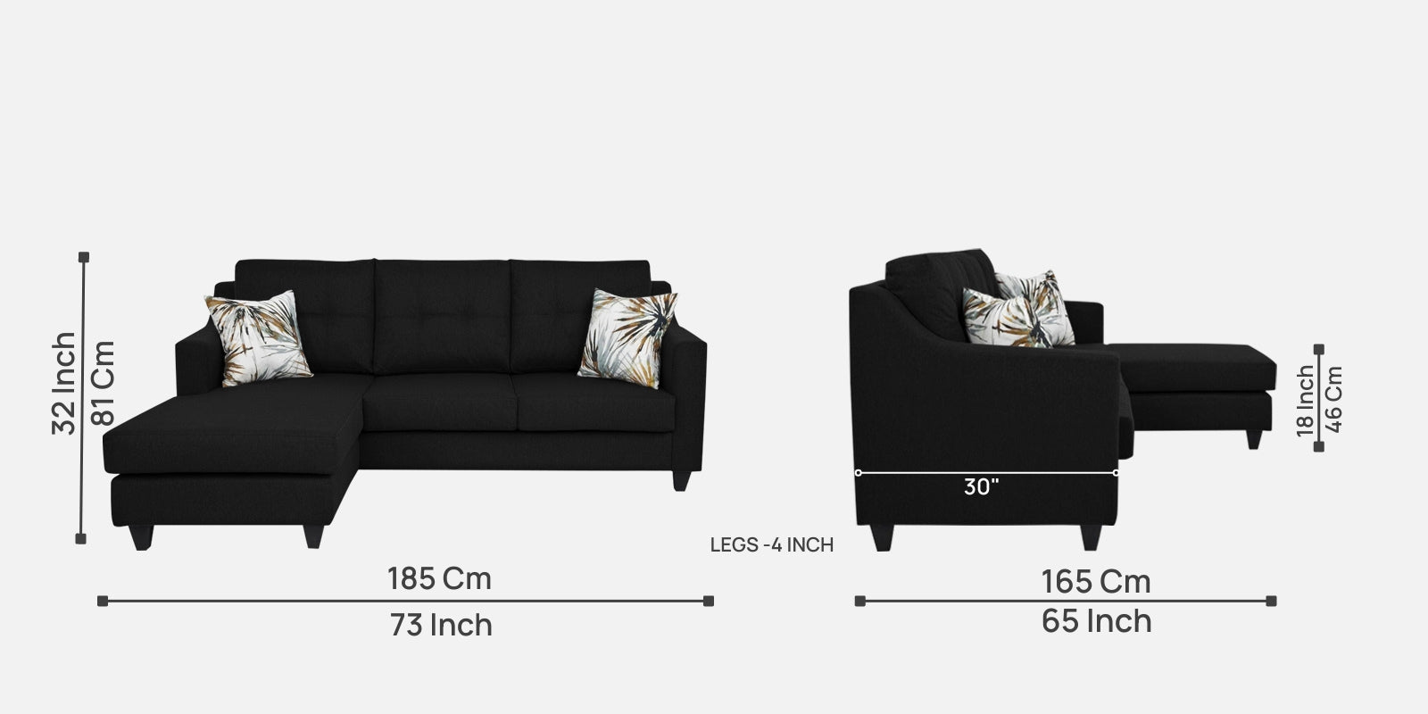 Welly Fabric RHS Sectional Sofa (2+Lounger) In Zed Black Colour - Febonic Living