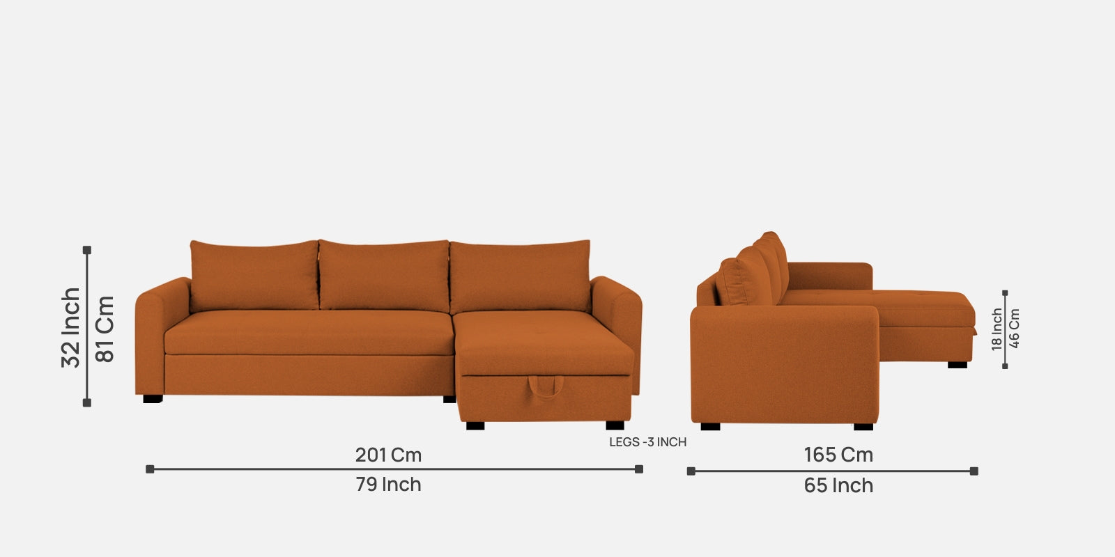 Sigma Fabric LHS Sectional Sofa (3+Lounger) In Vivid Orange Colour - Febonic Living