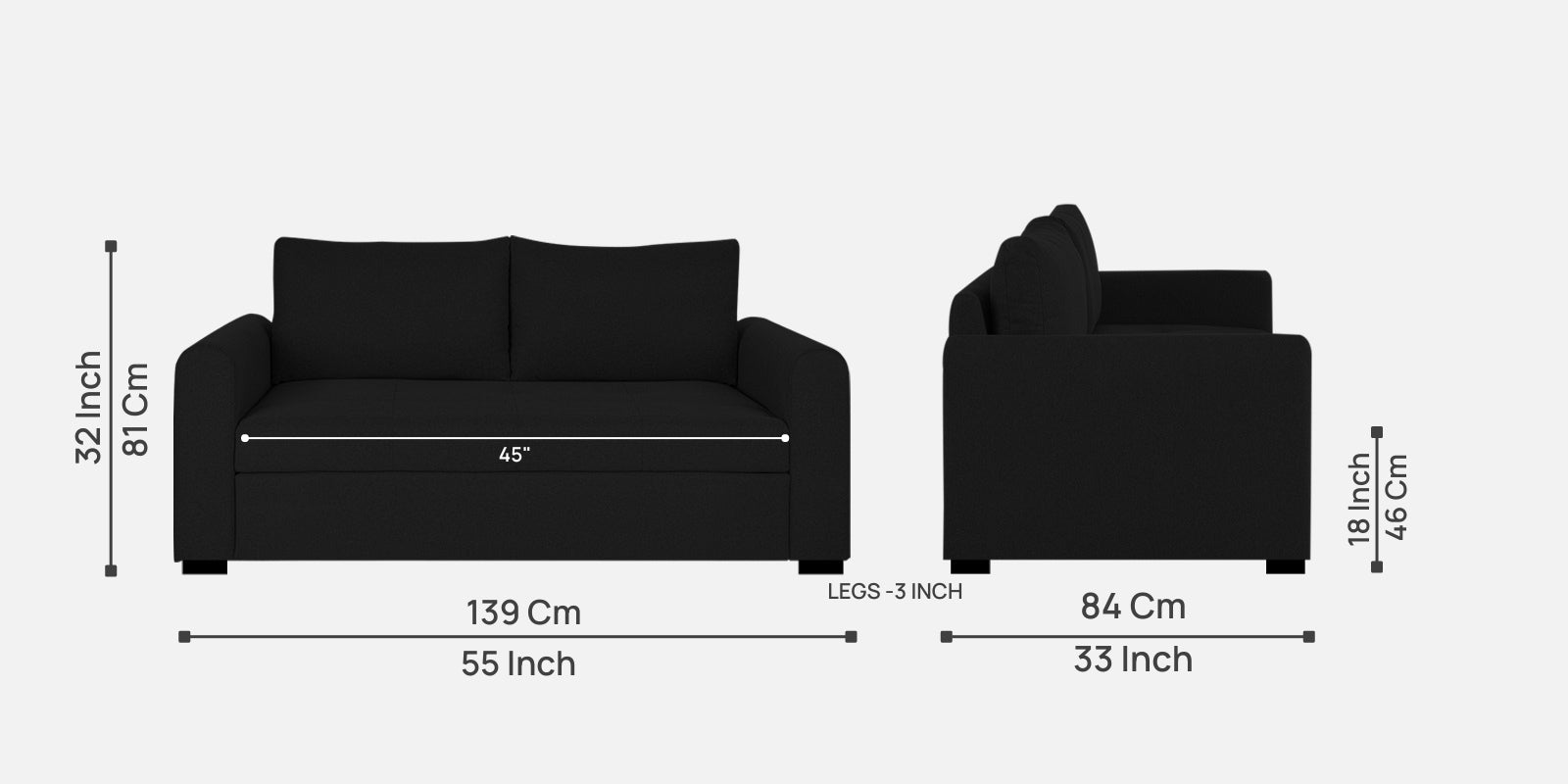 Sigma Fabric 2 Seater Sofa In Zed Black Colour - Febonic Living
