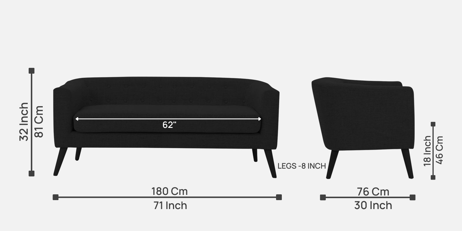 Casper Fabric 3 Seater Sofa In Zed Black Colour - Febonic Living