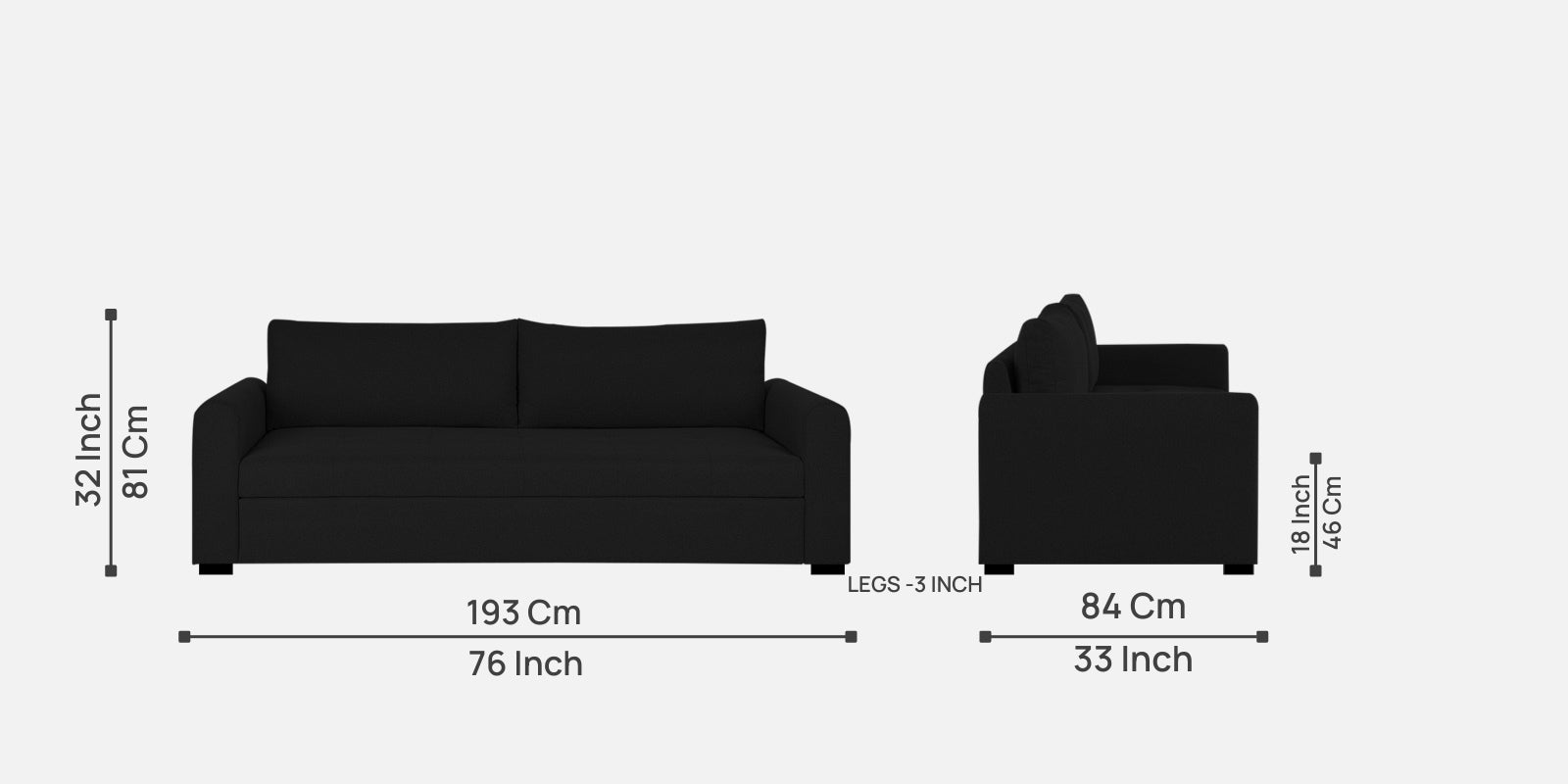 Sigma Fabric 3 Seater Sofa In Zed Black Colour - Febonic Living