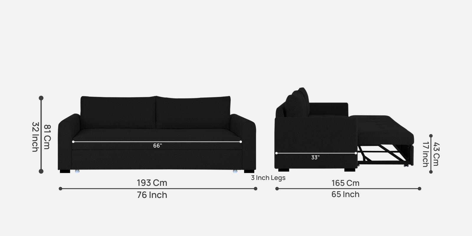 Sigma Fabric 3 Seater Pull Out Sofa Cum Bed In Zed Black Colour - Febonic Living