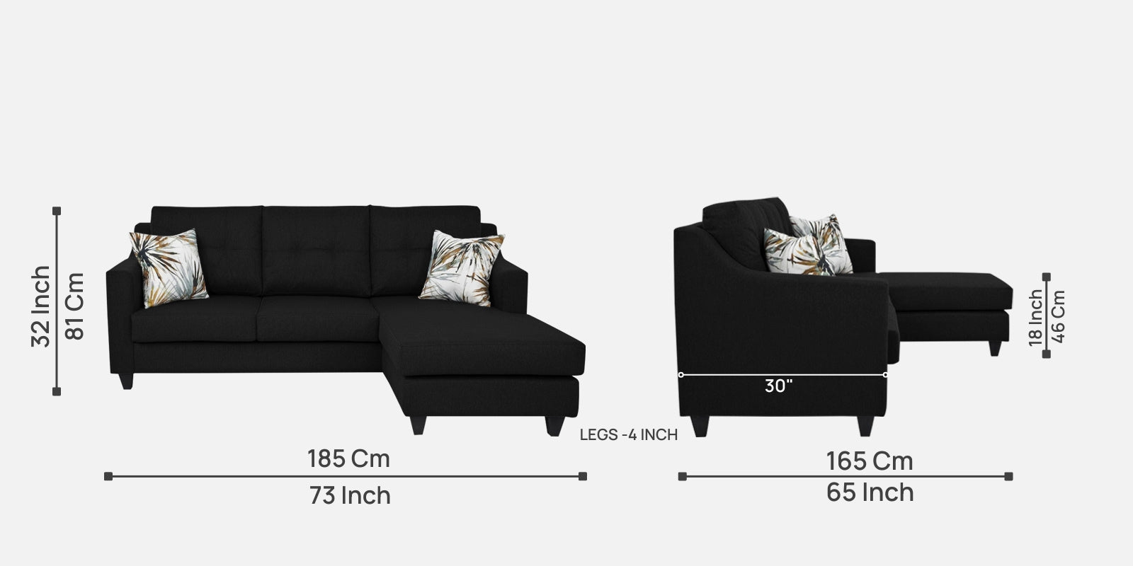 Welly Fabric LHS Sectional Sofa(2+Lounger) In Zed Black Colour - Febonic Living