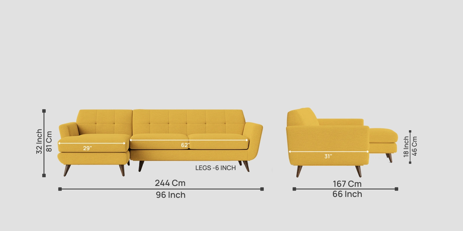 Jasmin Fabric RHS Sectional Sofa (3+ Lounger) In Bold Yellow Colour - Febonic Living