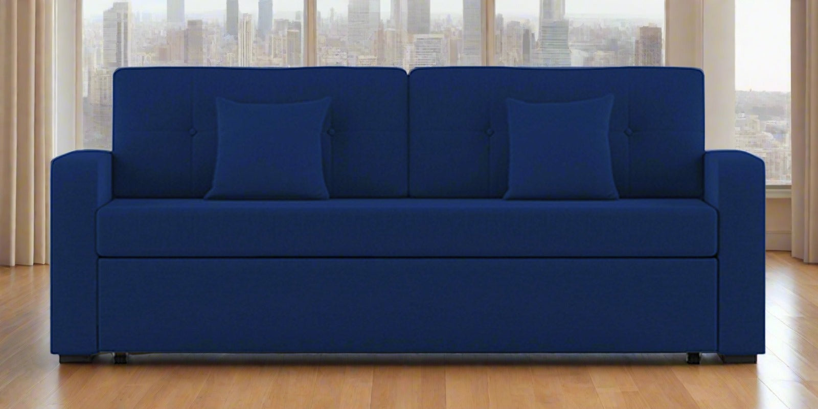 Rocky Fabric 3 Seater Pull Out Sofa Cum Bed In Royal Blue Colour With Storage - Febonic Living