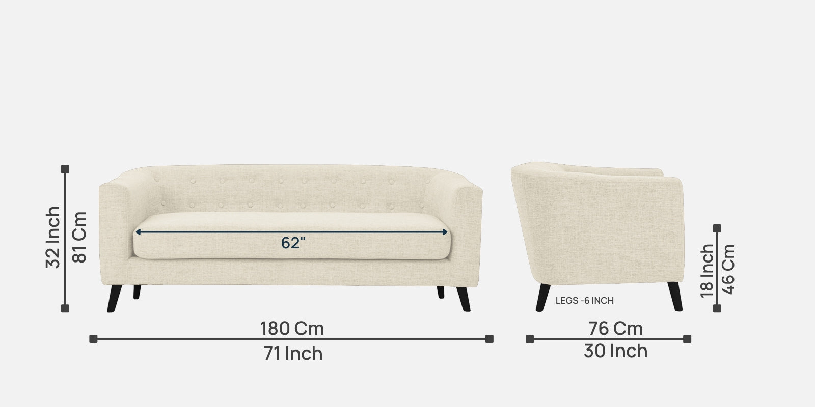 Casper Fabric 3 Seater Sofa In Ivory Cream Colour - Febonic Living