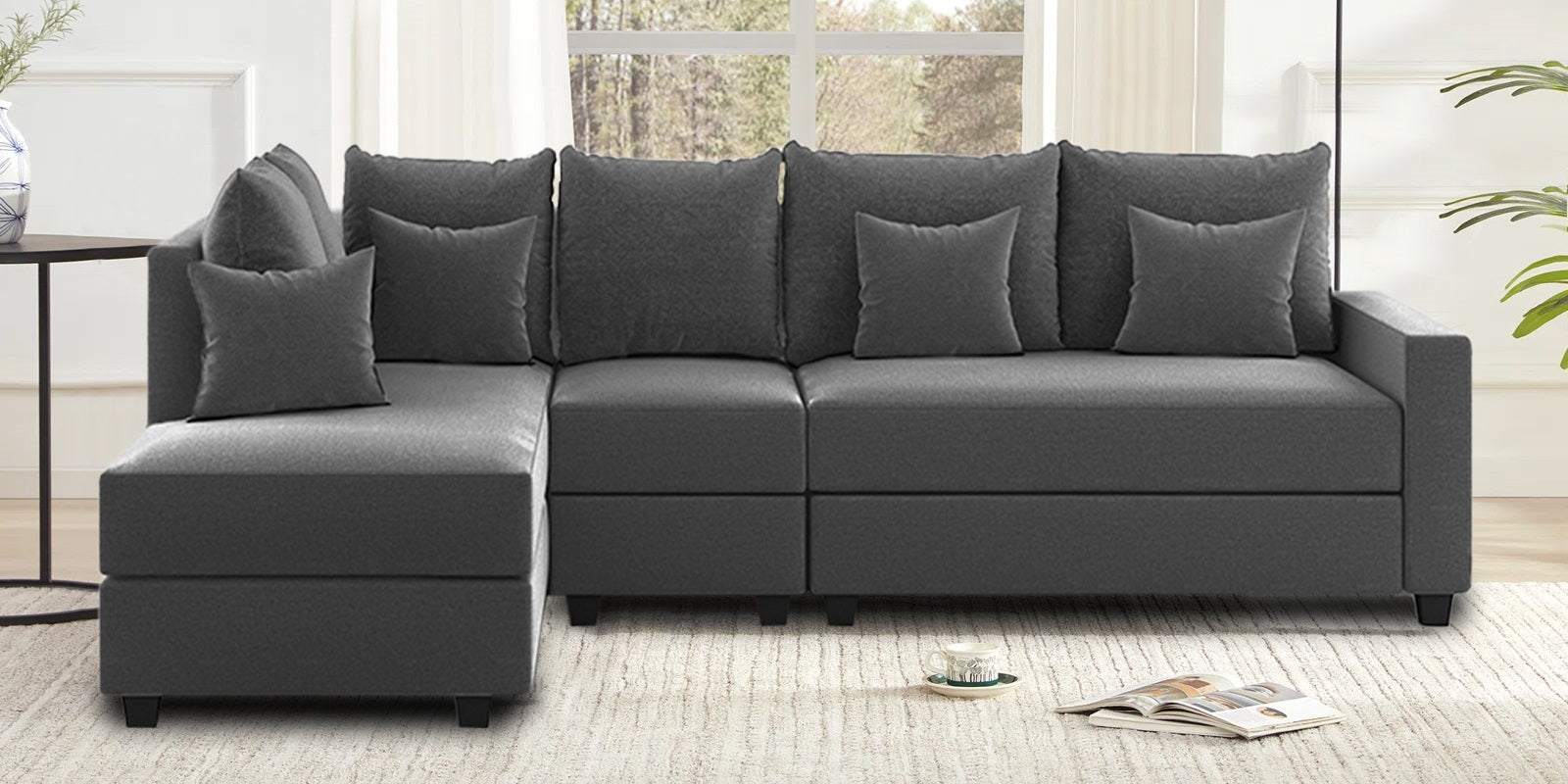 Ginny Fabric RHS Sectional Sofa (3+Lounger) In Charcoal Grey Colour - Febonic Living