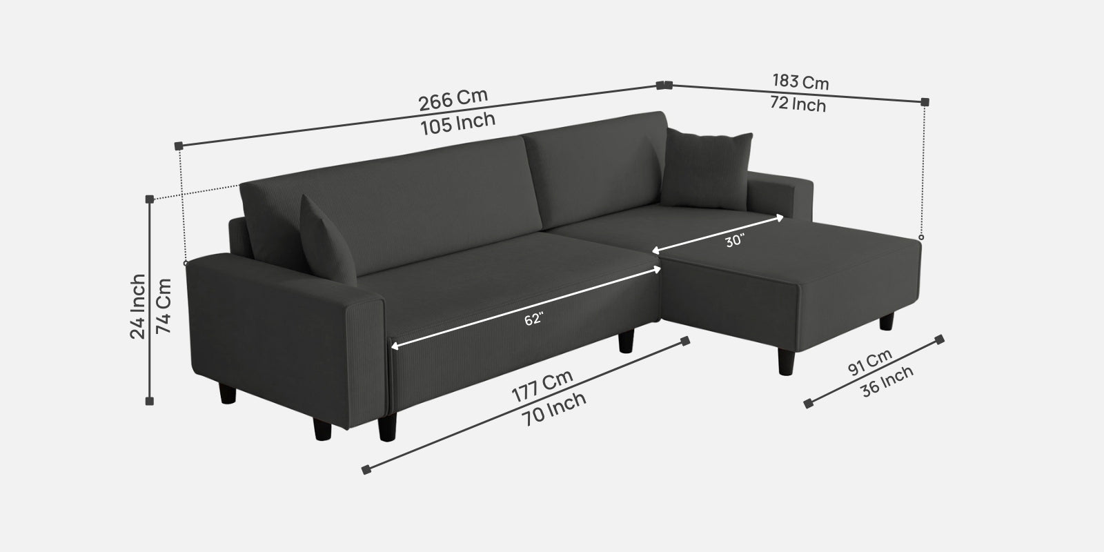 Peach Fabric LHS 6 Seater Sofa Cum Bed With Storage In Charcoal Grey Colour - Febonic Living