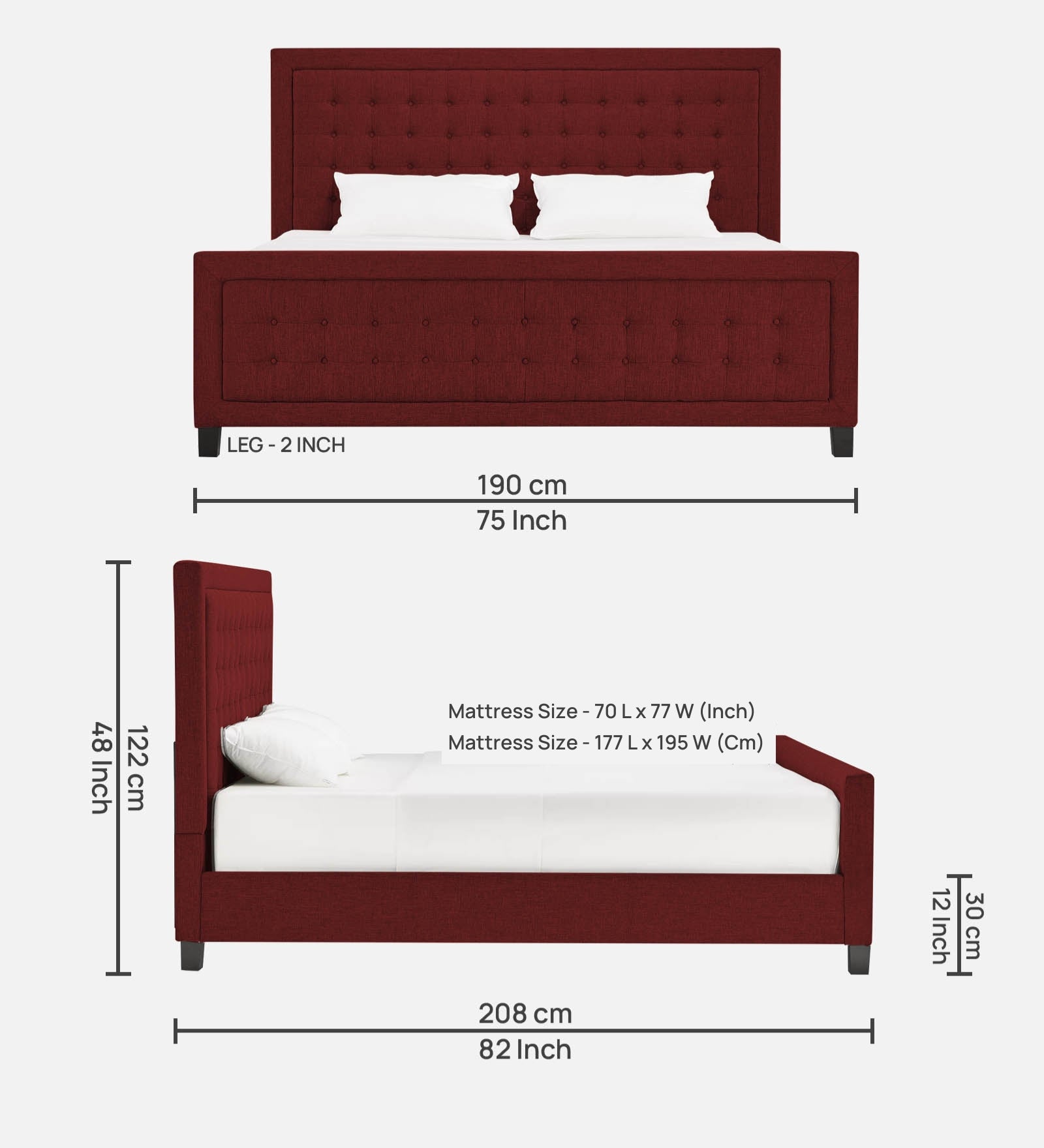 Kaster Fabric King Size Bed In Blood Maroon Colour - Febonic Living