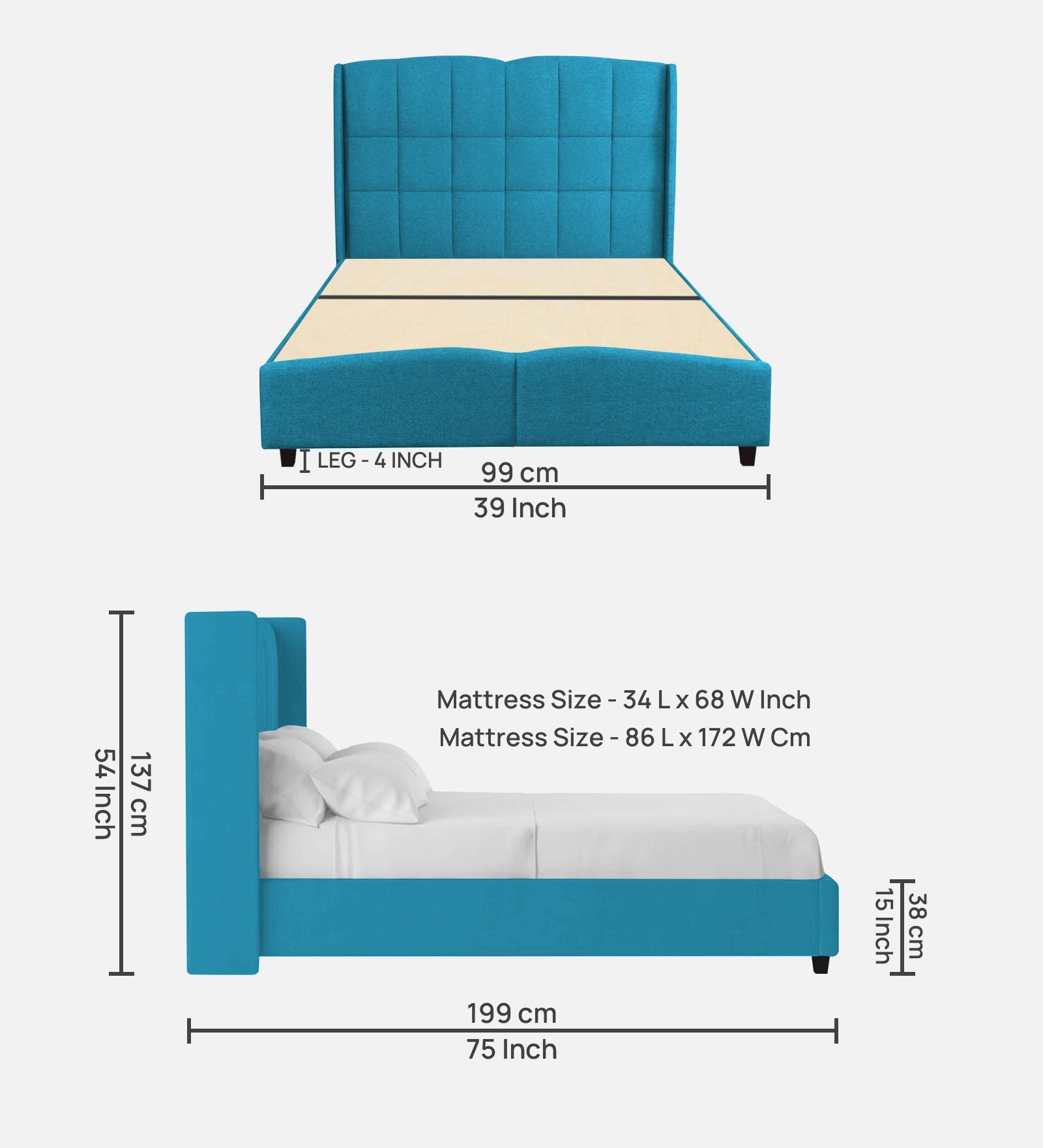 Jovi Velvet Single Size Bed In Aqua Blue Colour - Febonic Living