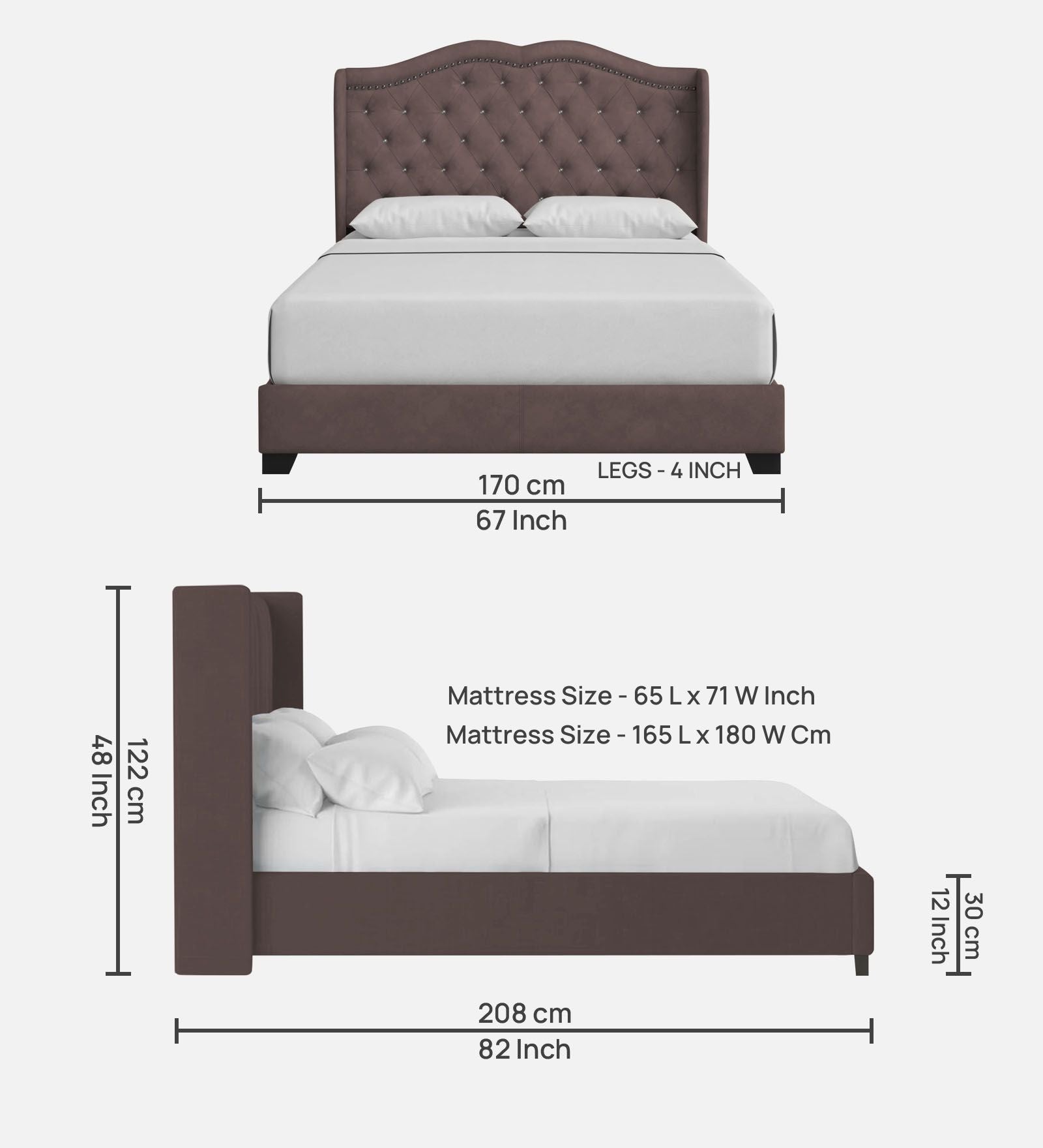 Blake Fabric Queen Size Bed in Caspa Brown Colour - Febonic Living