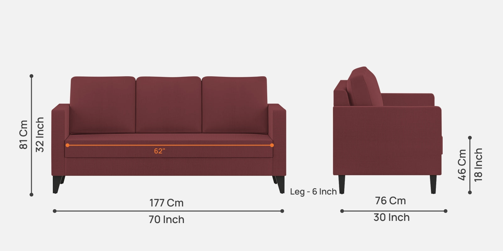 Nori Fabric 3 Seater Sofa In Blaze Red Colour - Febonic Living