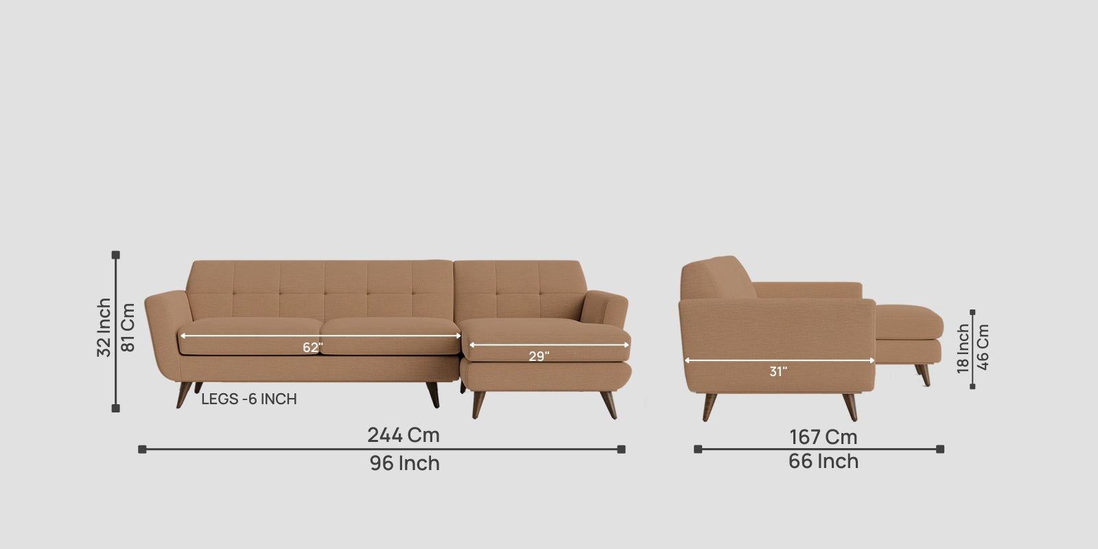 Jasmin Fabric LHS Sectional Sofa (3+ Lounger) In (3+ Lounger) Cosmic Beige Colour - Febonic Living