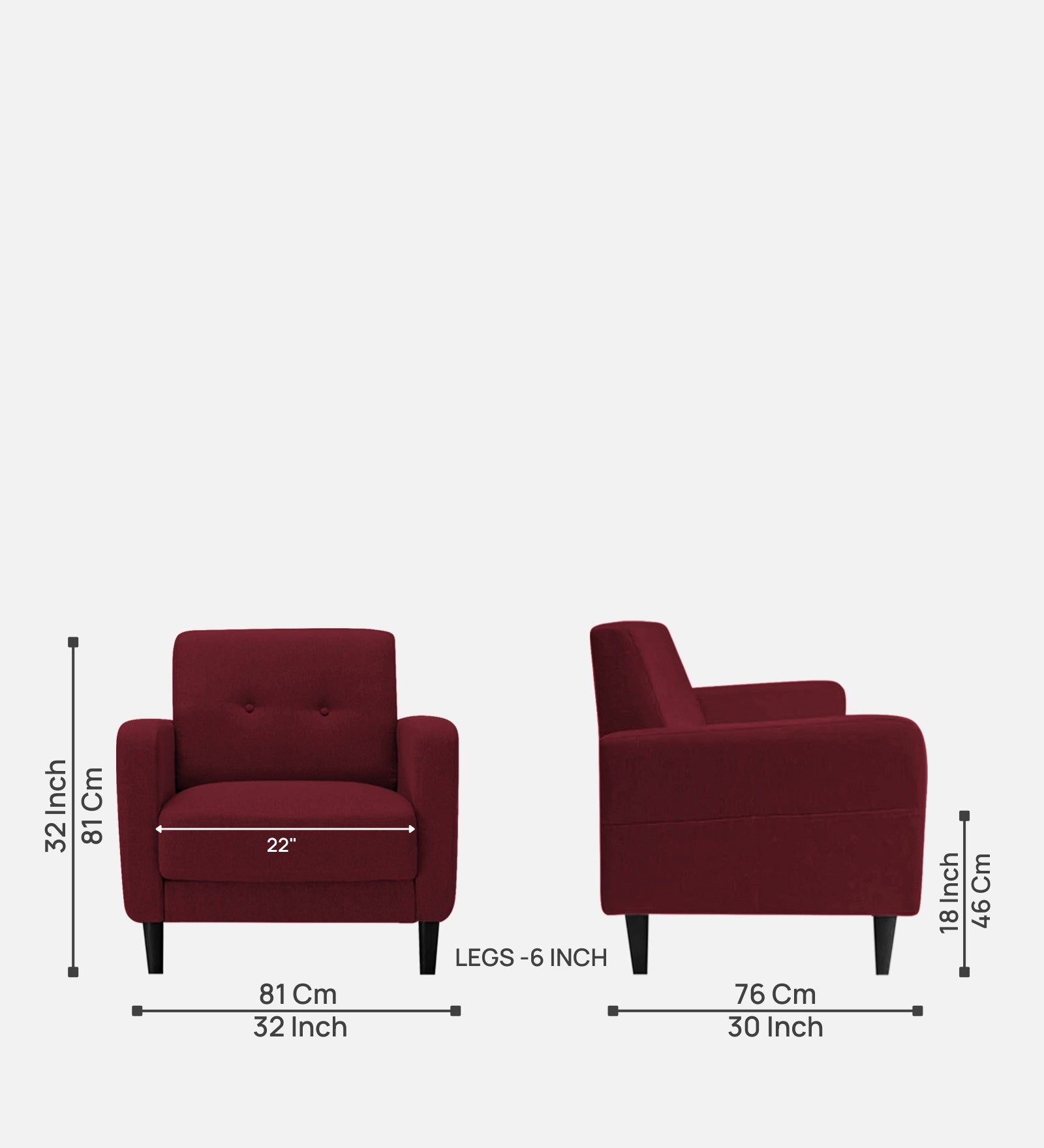 Marq Fabric 1 Seater Sofa In  Blood Maroon Colour - Febonic Living