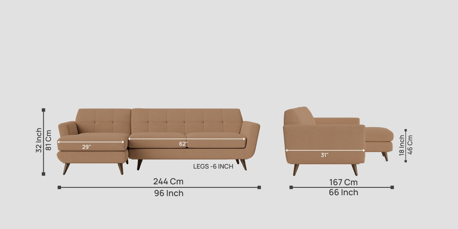 Jasmin Fabric RHS Sectional Sofa (3+ Lounger) In Cosmic Beige Colour - Febonic Living