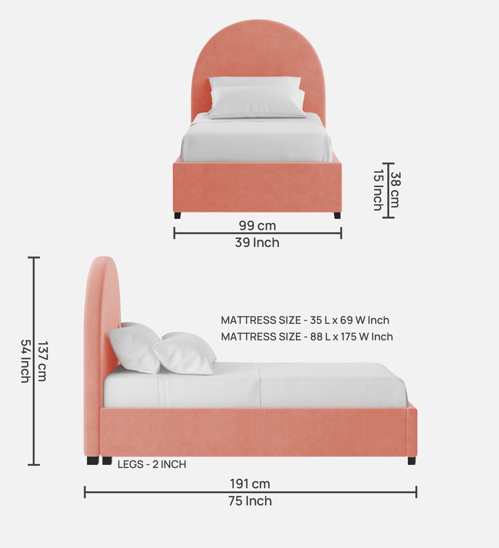 Maro Velvet Single Size Bed In Blush pink Colour - Febonic Living