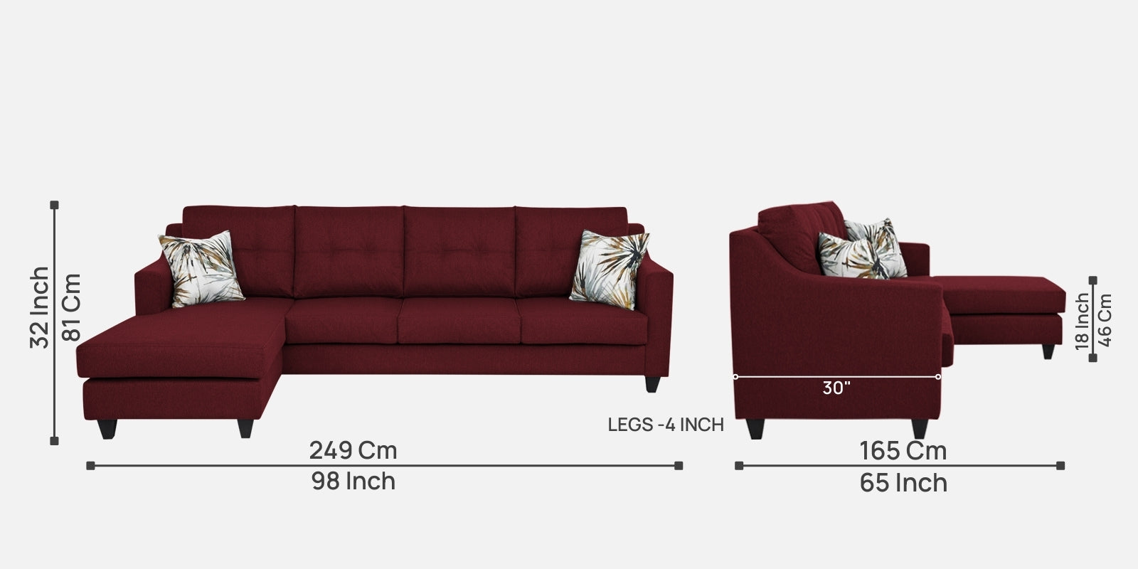 Welly Fabric RHS Sectional Sofa (3+Lounger) In Blood Maroon Colour - Febonic Living